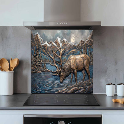 Decorative glass splashback with elk design in a modern kitchen
