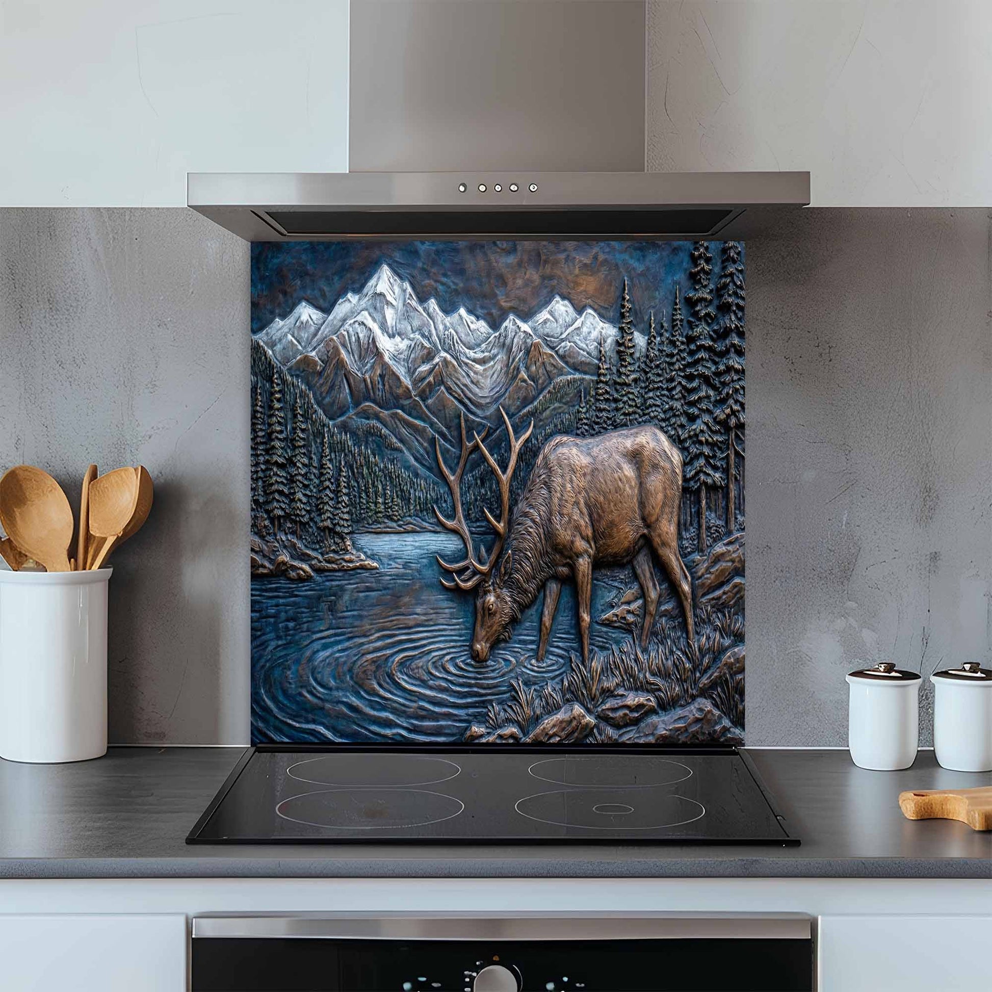 Kitchen with a decorative glass splashback featuring a deer and mountain scene.