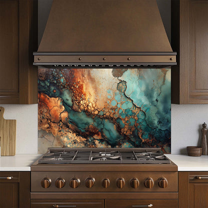 Tempered Glass Backsplash – Abstract Copper and Turquoise Texture with Metallic Finish, Modern Kitchen Decor