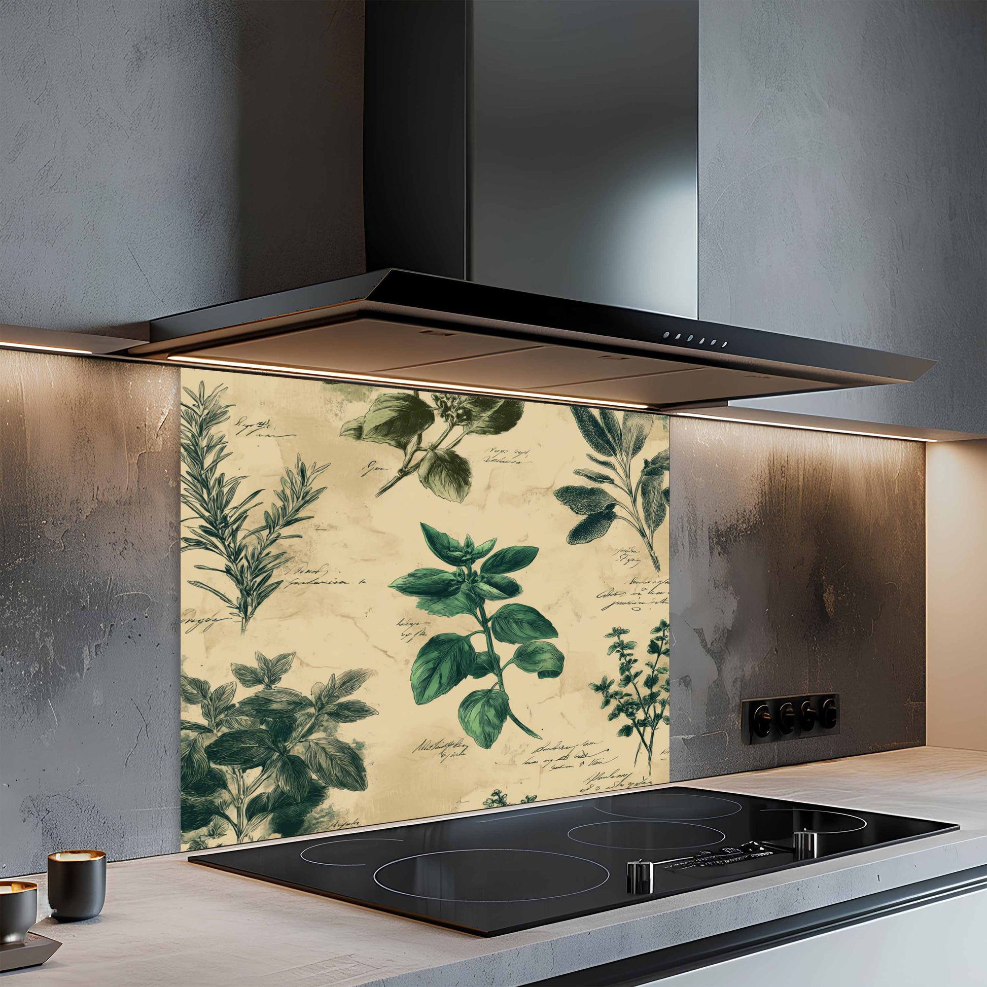 Modern kitchen with a glass splashback featuring botanical designs.