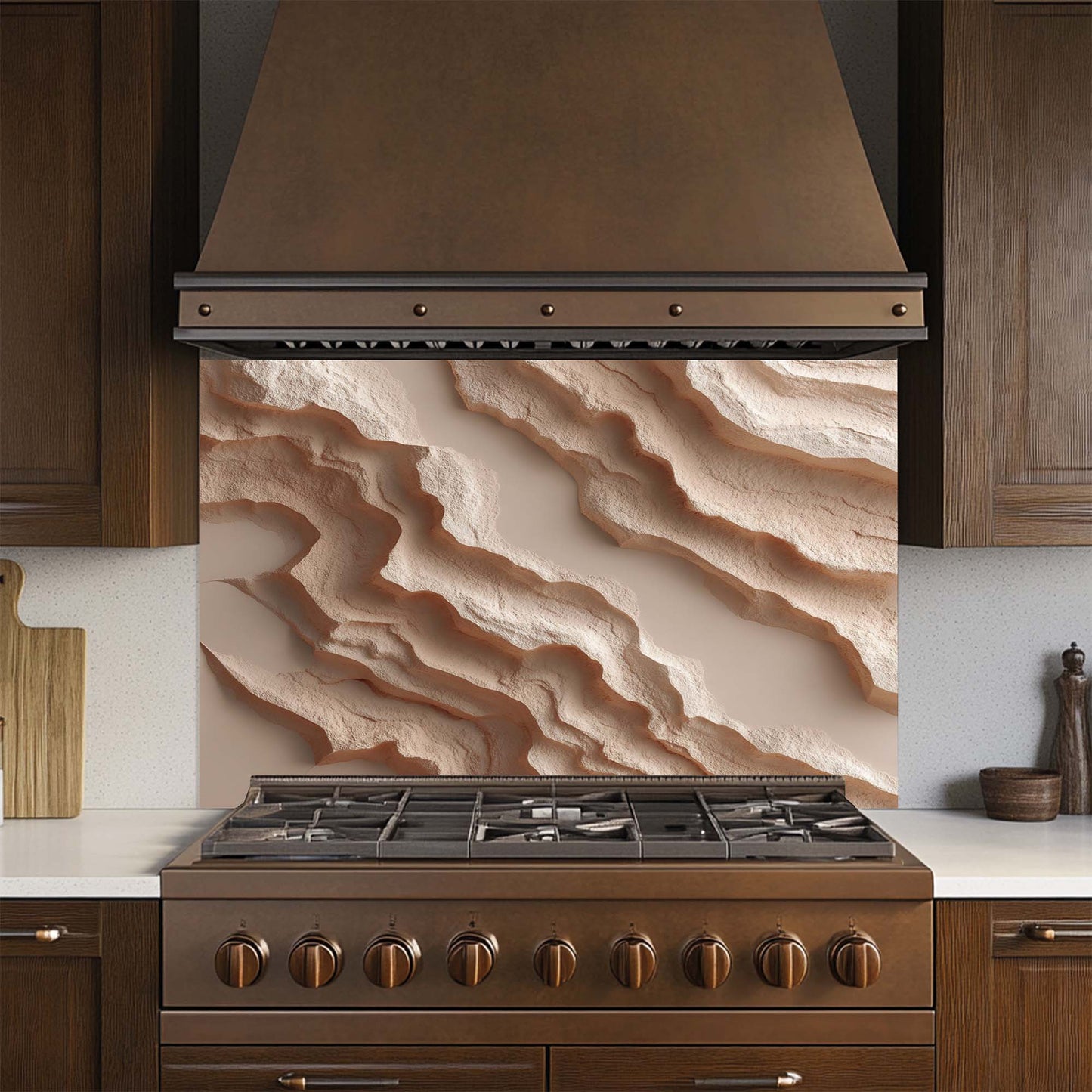 Kitchen stove with decorative glass backsplash and brown hood