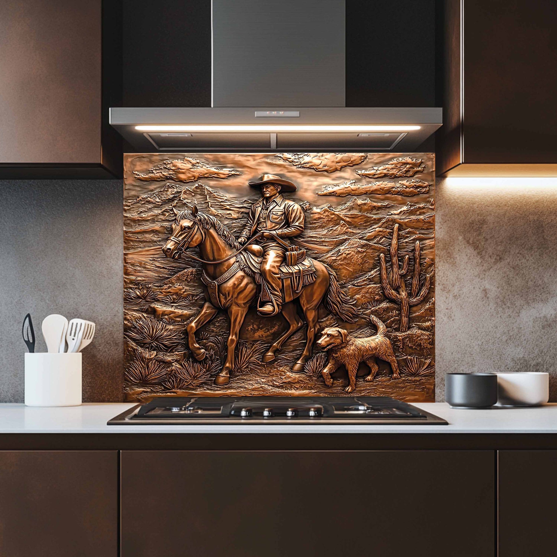 Copper look backsplash of a cowboy on horseback in a kitchen setting.
