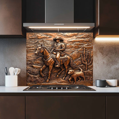 Copper look backsplash of a cowboy on horseback in a kitchen setting.