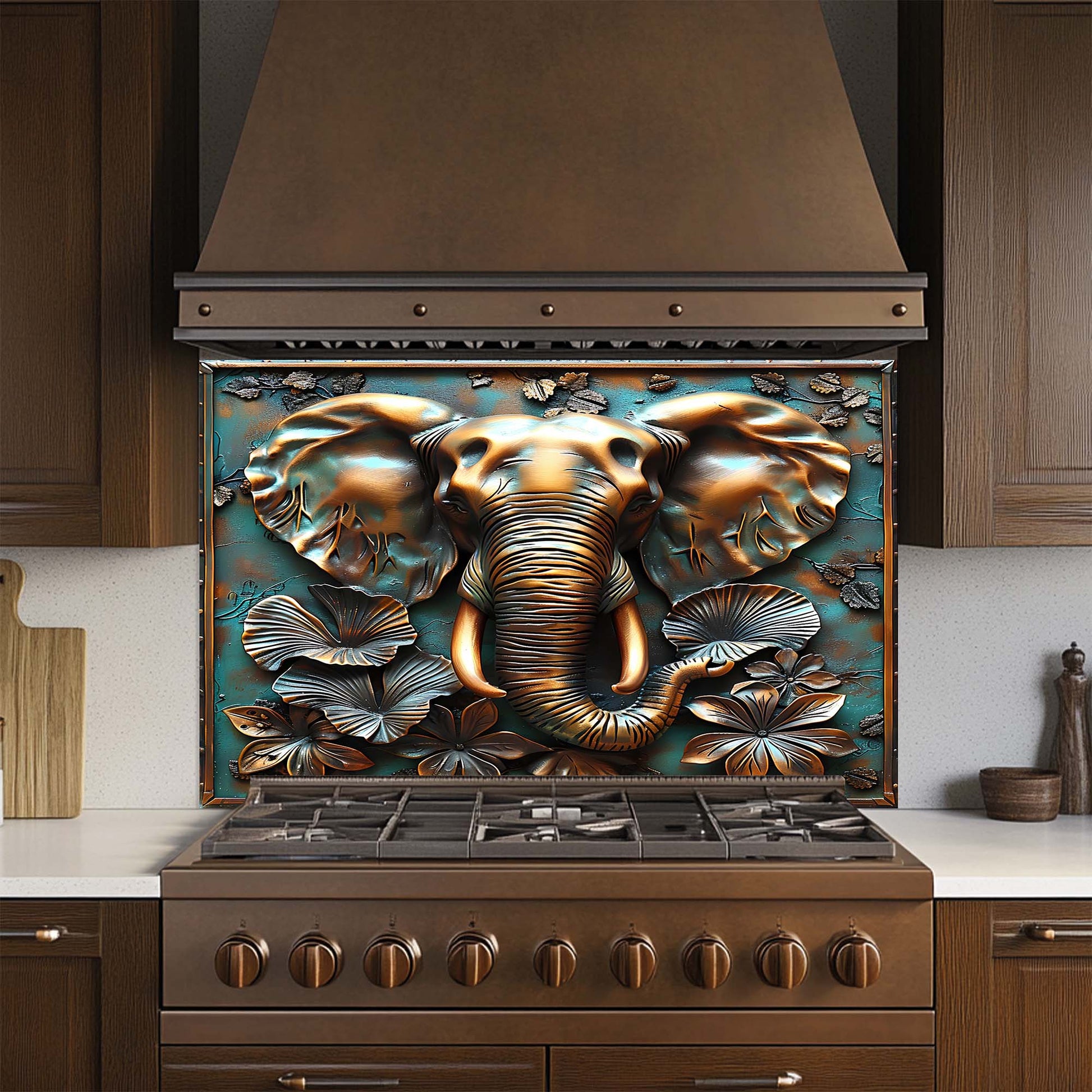 Decorative glass backsplash with an elephant design in a kitchen setting