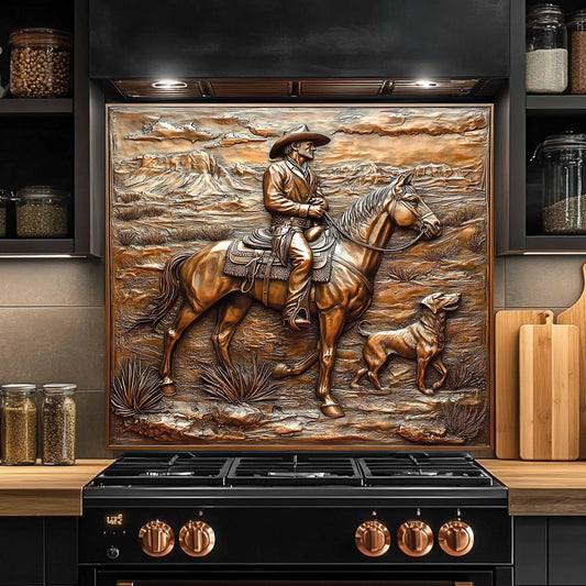 Decorative backsplash with a cowboy on horseback in a kitchen setting