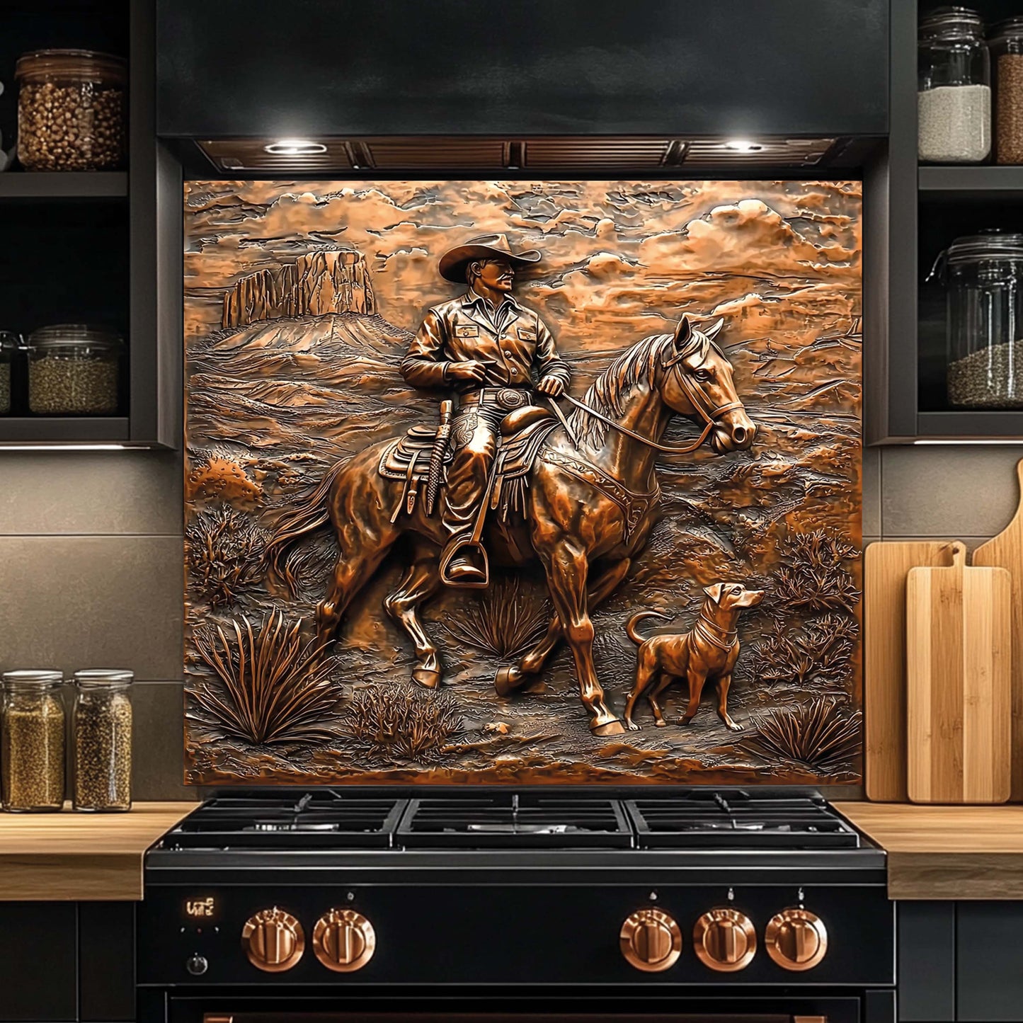 Decorative backsplash of a cowboy on horseback in a kitchen setting.