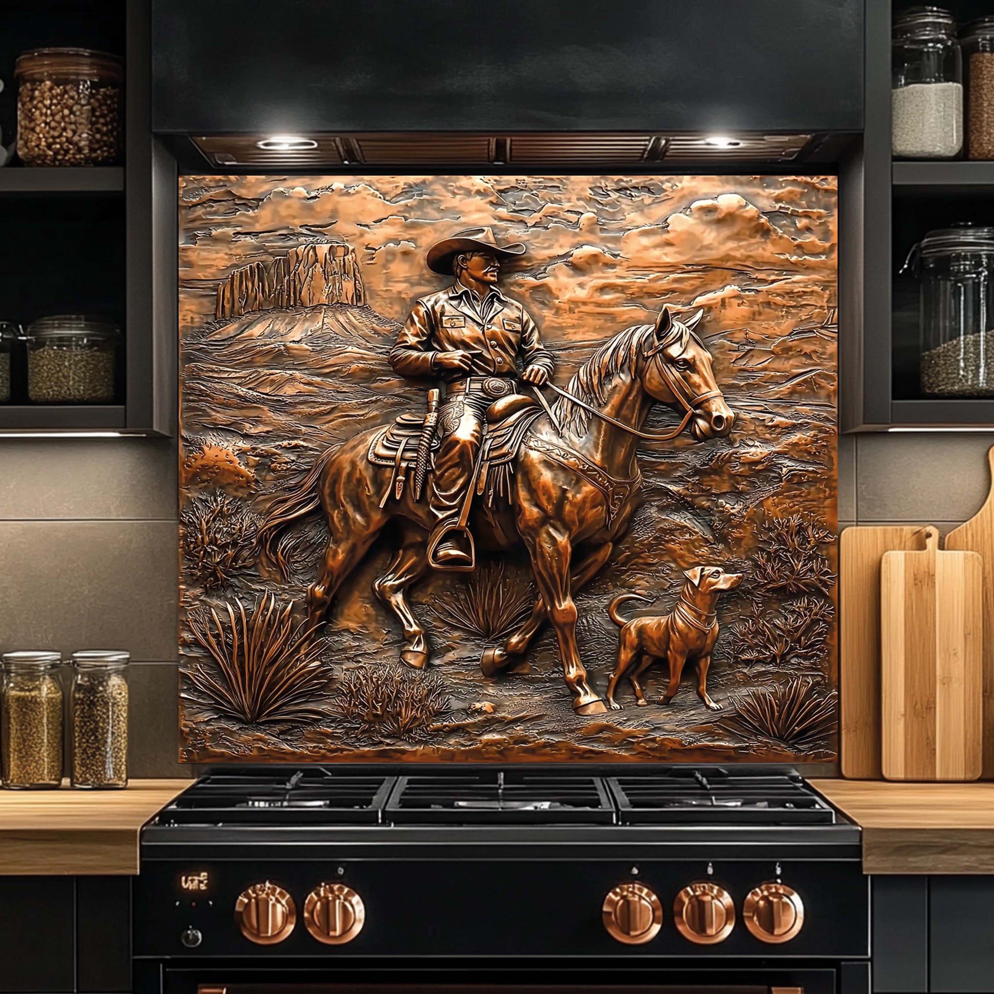 Decorative backsplash of a cowboy on horseback in a kitchen setting.