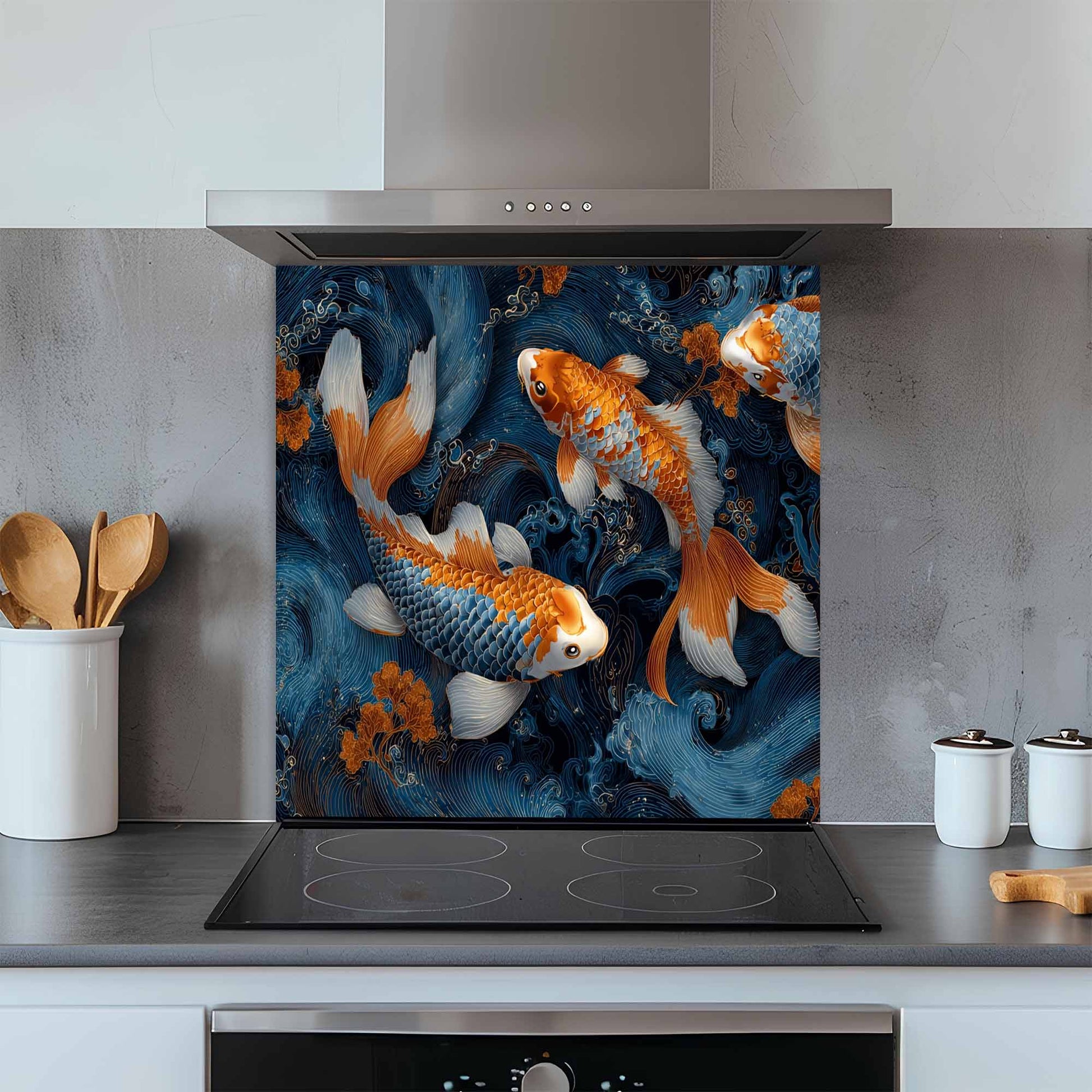 Kitchen with a decorative glass splashback featuring koi fish.