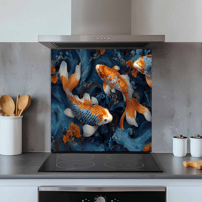 Kitchen with a decorative glass splashback featuring koi fish.