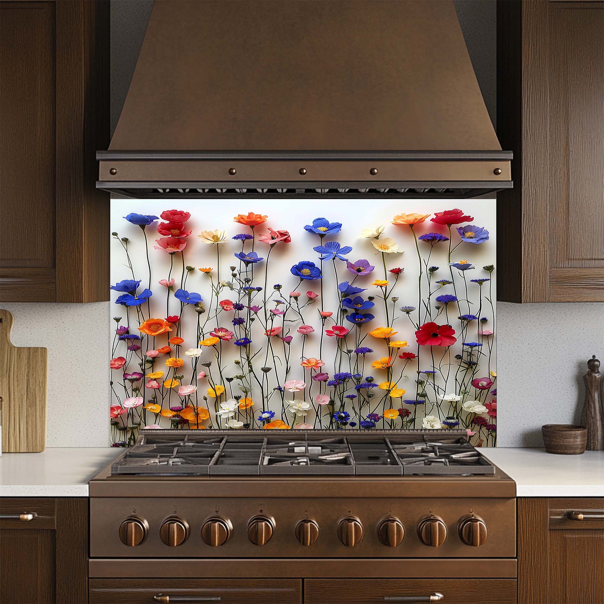 Kitchen stove with a colorful floral glass backsplash
