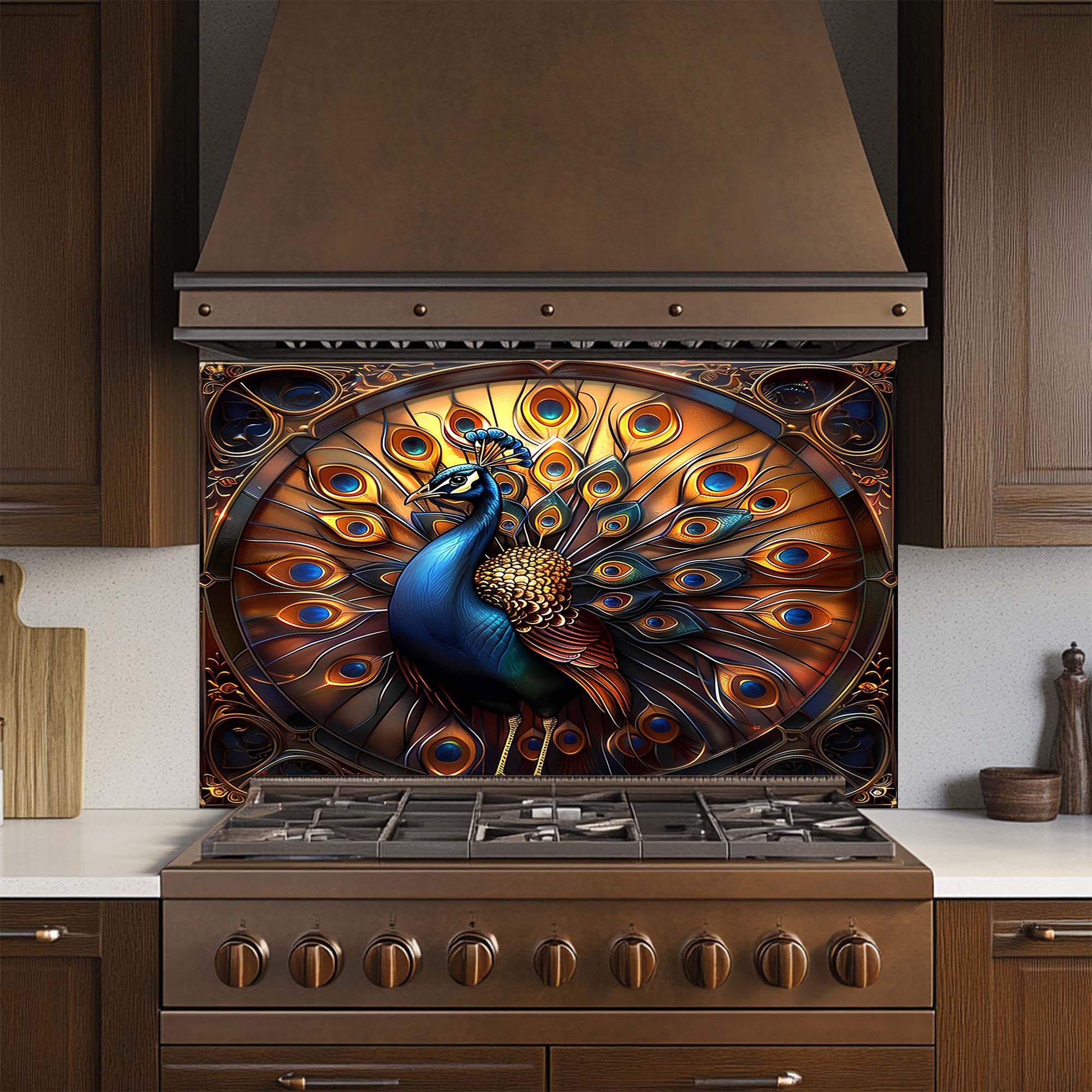 Stainless steel stove with decorative peacock design on the glass backsplash in a kitchen setting.