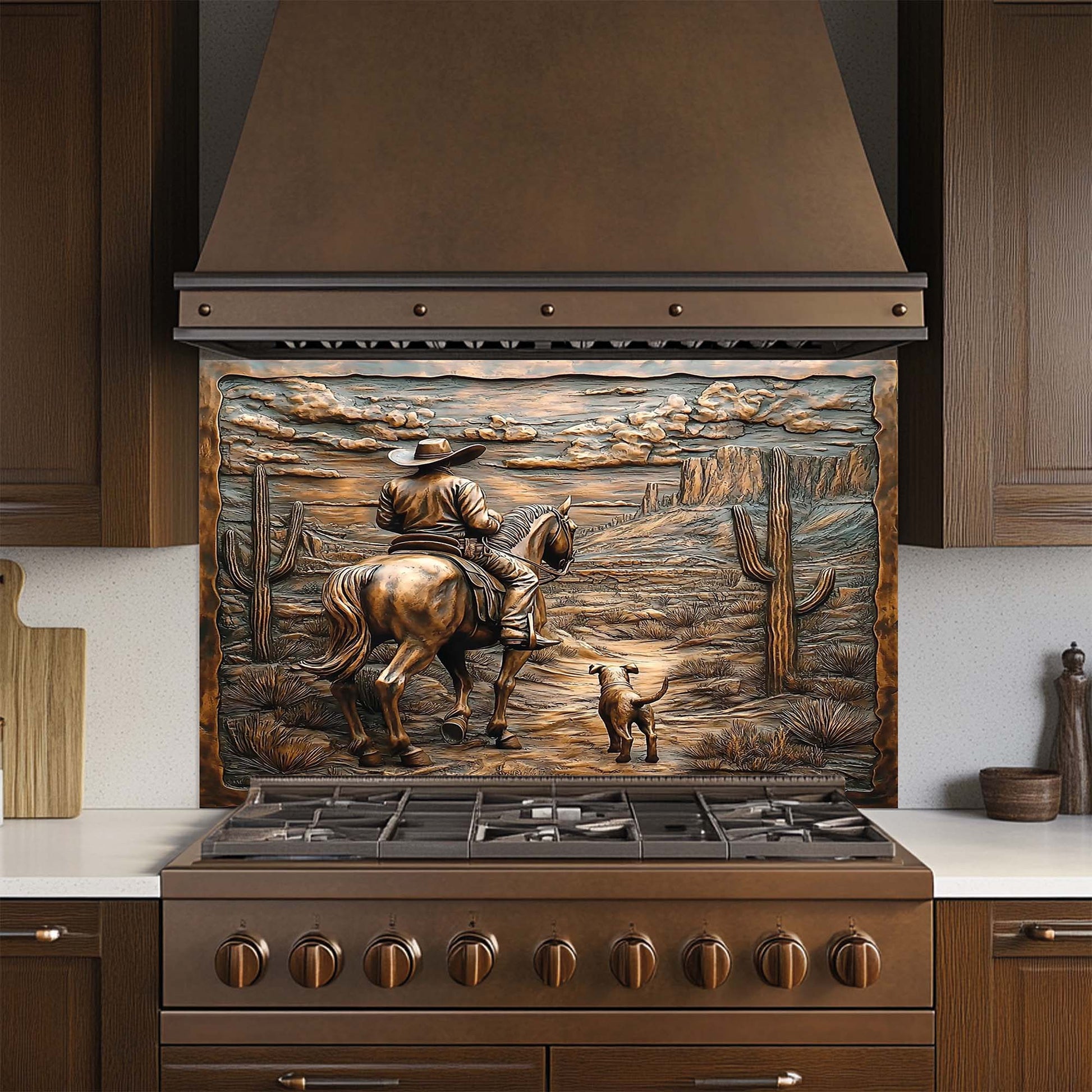 Kitchen stove with a decorative glass backsplash featuring a cowboy on a horse scene.