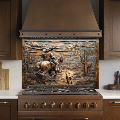 Kitchen stove with a decorative glass backsplash featuring a cowboy on a horse scene.