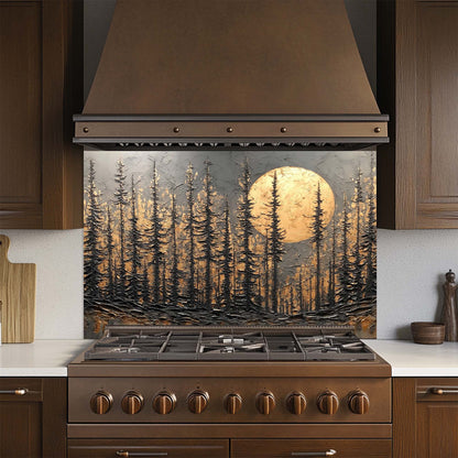 Kitchen stove with decorative forest and moon glass backsplash