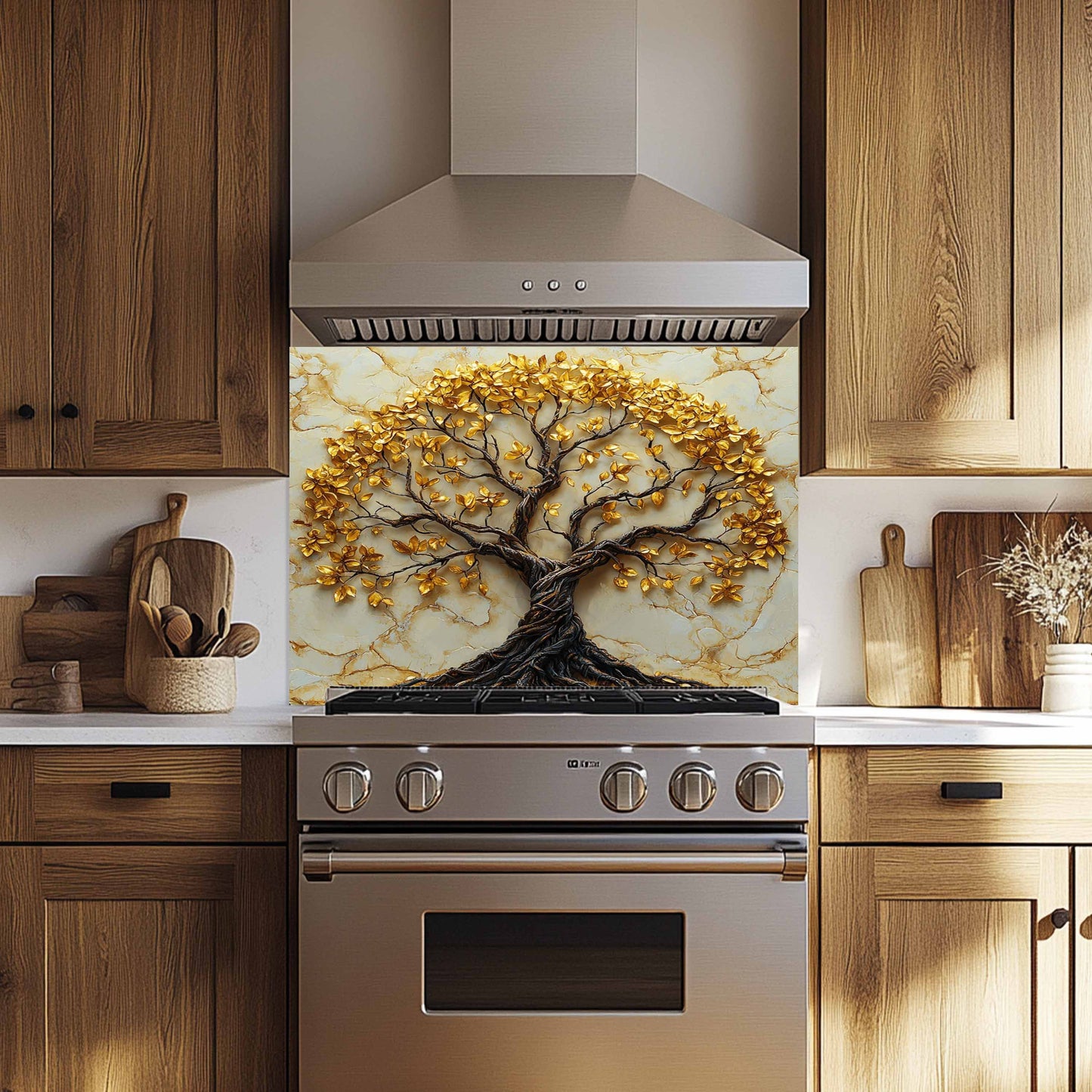 Decorative kitchen backsplash with a tree design in a modern kitchen.