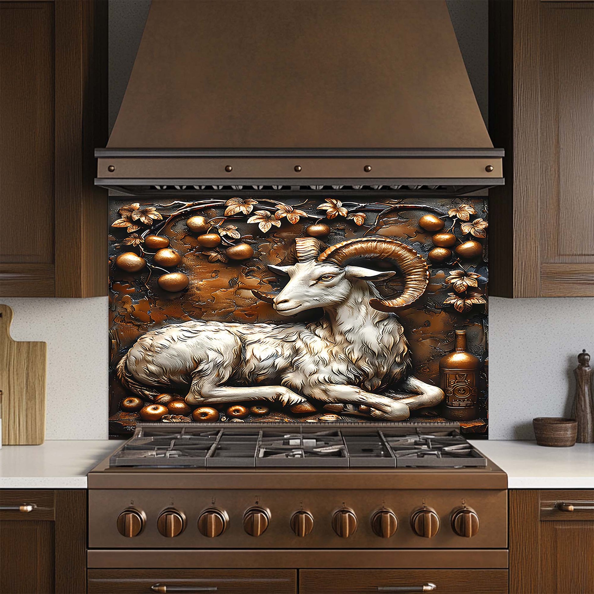 Decorative glass backsplash with a ram design in a kitchen setting