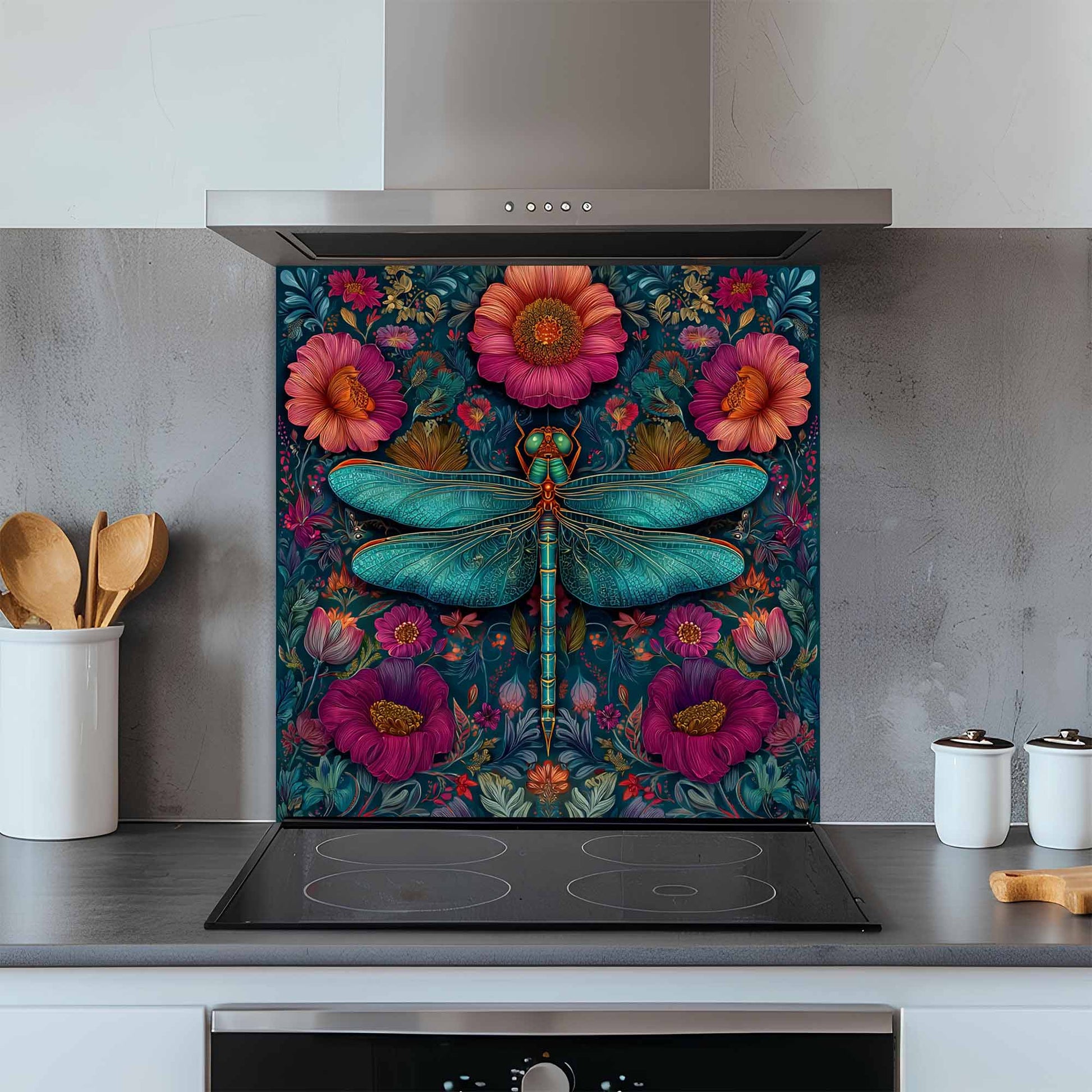 Kitchen backsplash with a colorful dragonfly and floral design above a stove.