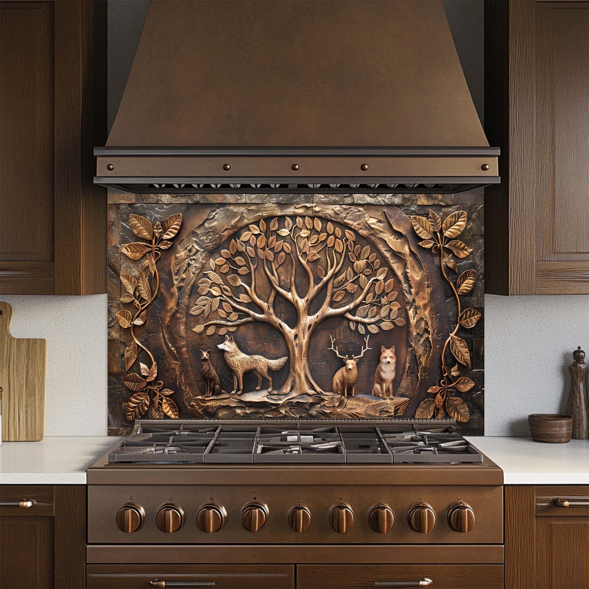 Decorative stove with a tree and animal design glass backsplash in a kitchen setting
