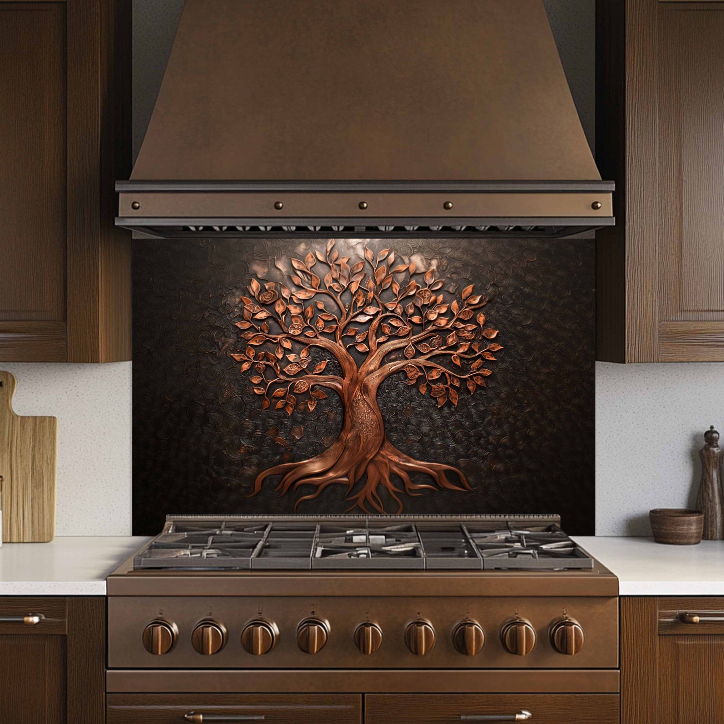 Kitchen with a decorative copper tree design on the stove backsplash.
