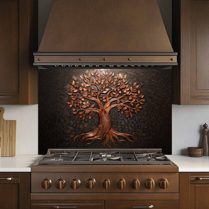 Kitchen with a decorative copper tree design on the stove backsplash.