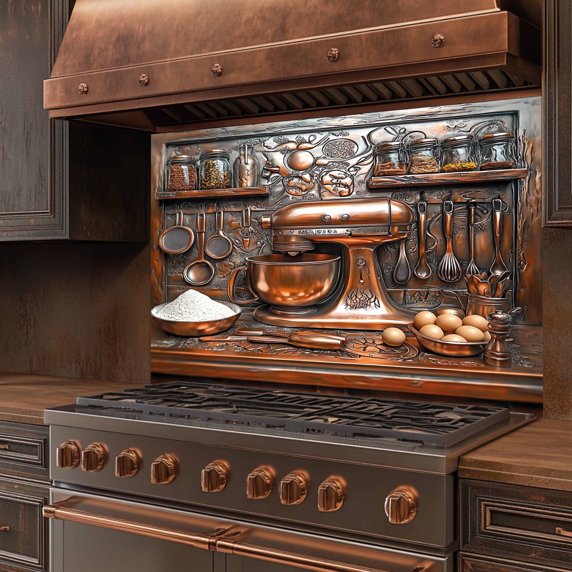 Decorative backsplash with copper kitchen tools and appliances in a kitchen setting