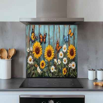 Kitchen with a decorative glass backsplash featuring sunflowers and butterflies.