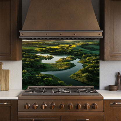 Forest river landscape printed on tempered glass backsplash. Glossy, vibrant, custom fit for kitchen walls.