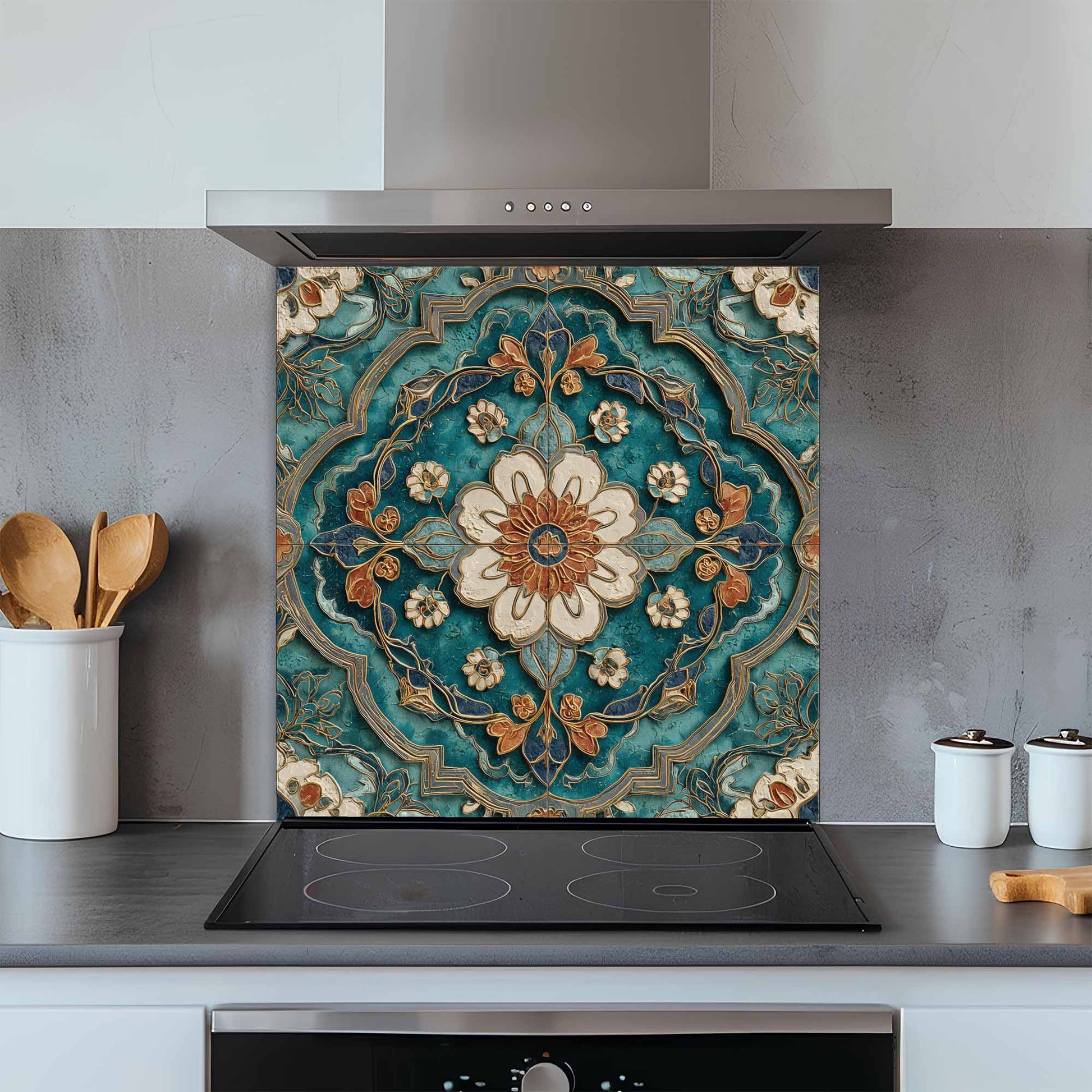 Decorative kitchen backsplash with floral pattern above a stove