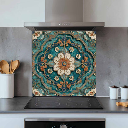 Decorative kitchen backsplash with floral pattern above a stove