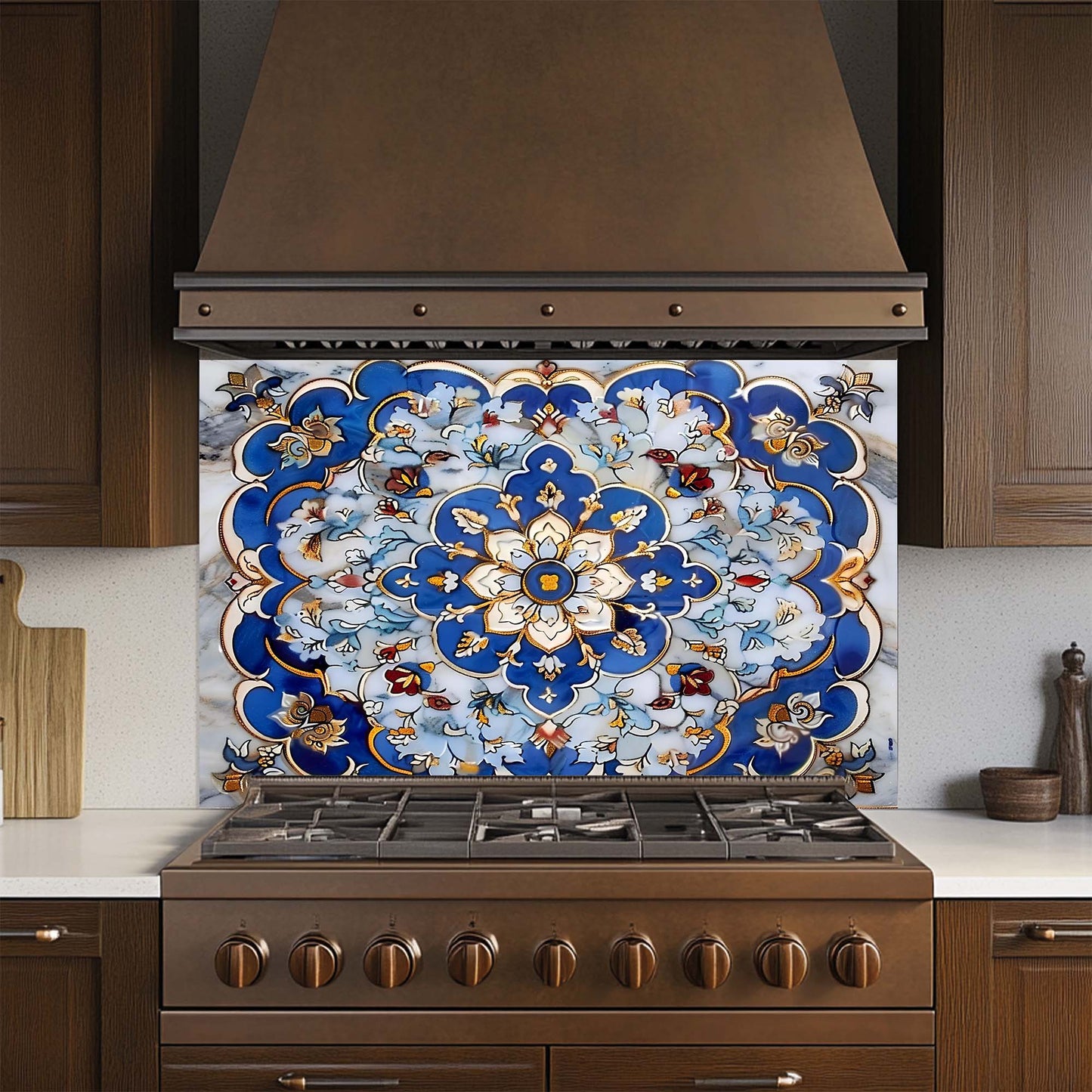 Decorative glass backsplash above a stove in a kitchen