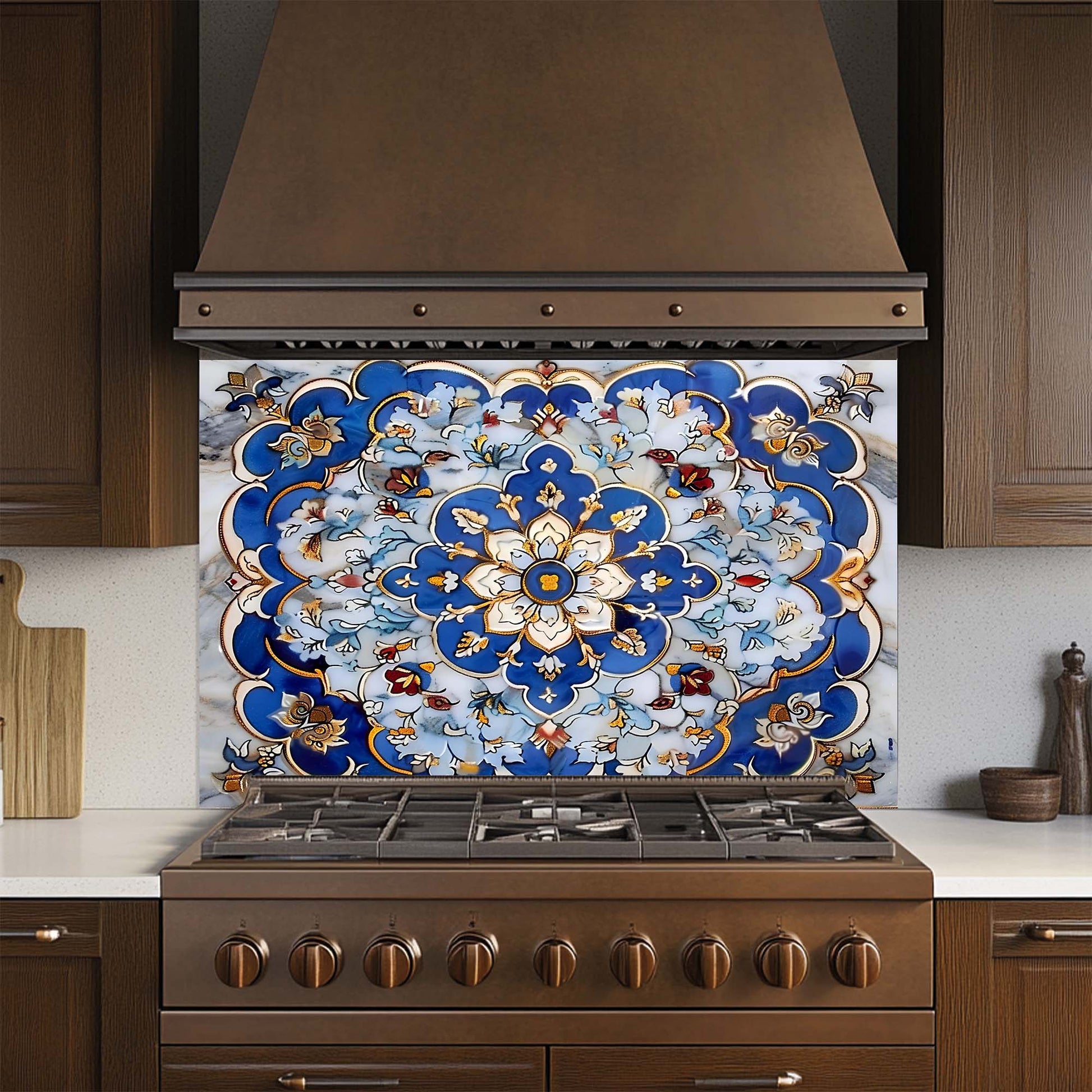 Decorative glass backsplash above a stove in a kitchen