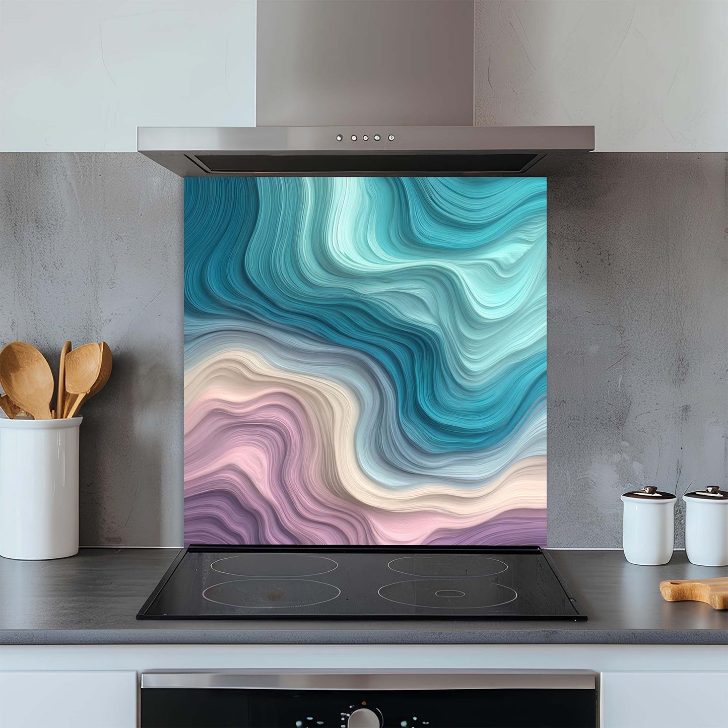 Kitchen with a colorful glass splashback behind a stove