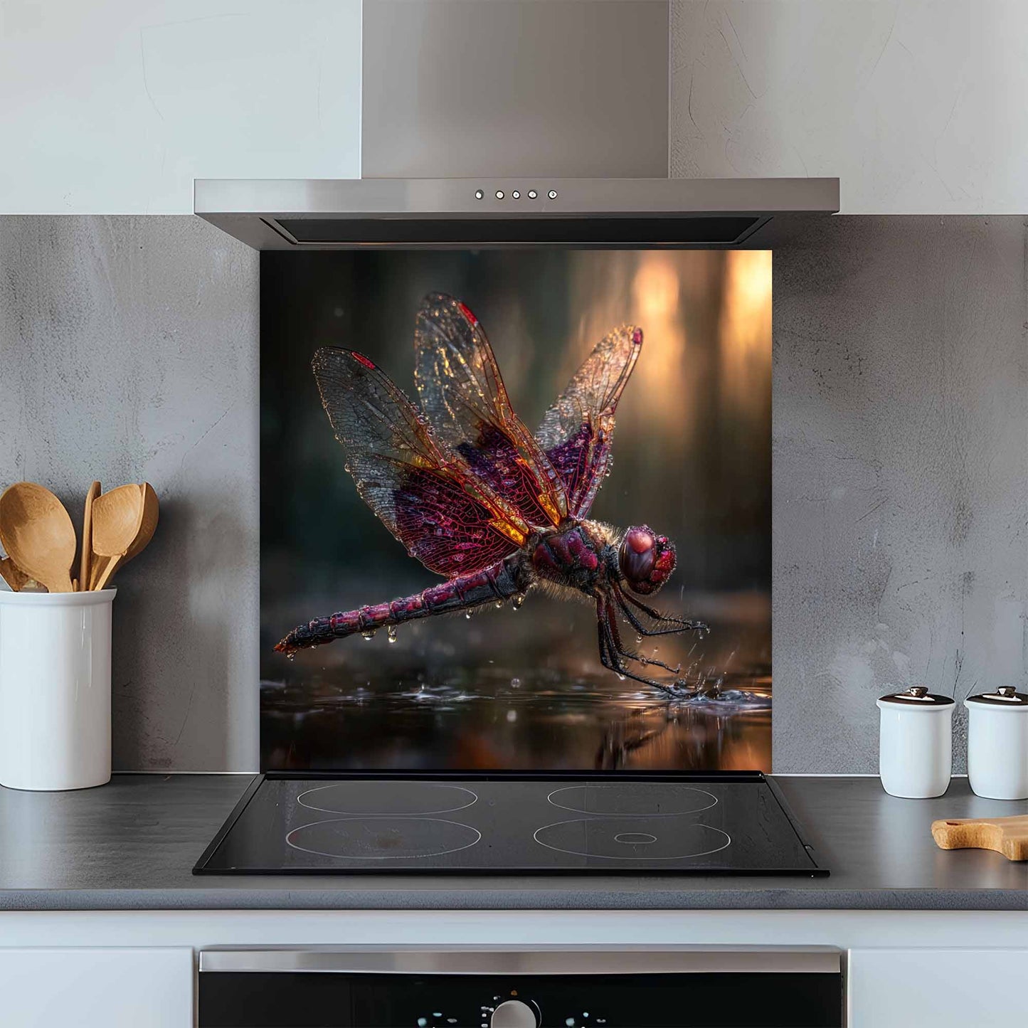 Kitchen with a decorative glass splashback featuring a dragonfly design.
