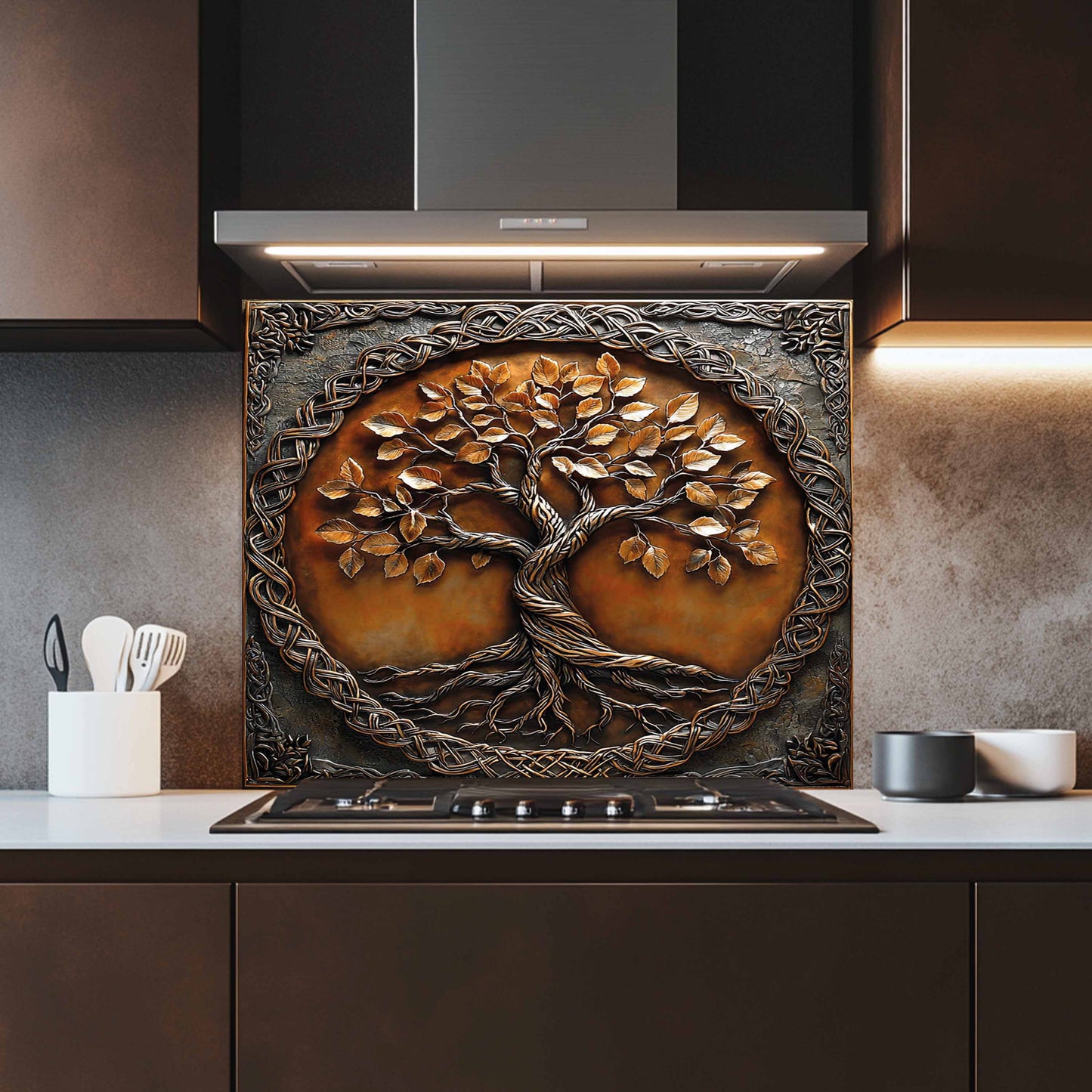 Glass backsplash over a kitchen stove with a tree design.