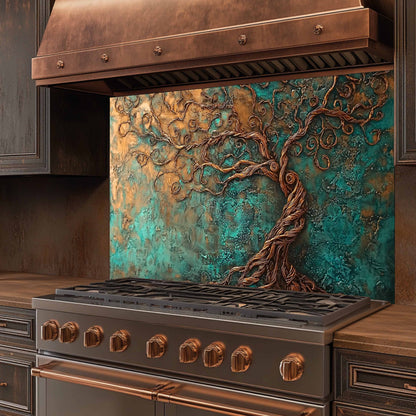 Stainless steel stove with copper accents and decorative backsplash in a kitchen setting