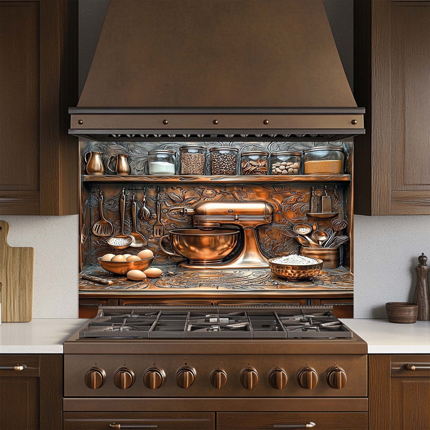 Stylish kitchen with copper stove and decorative glass backsplash