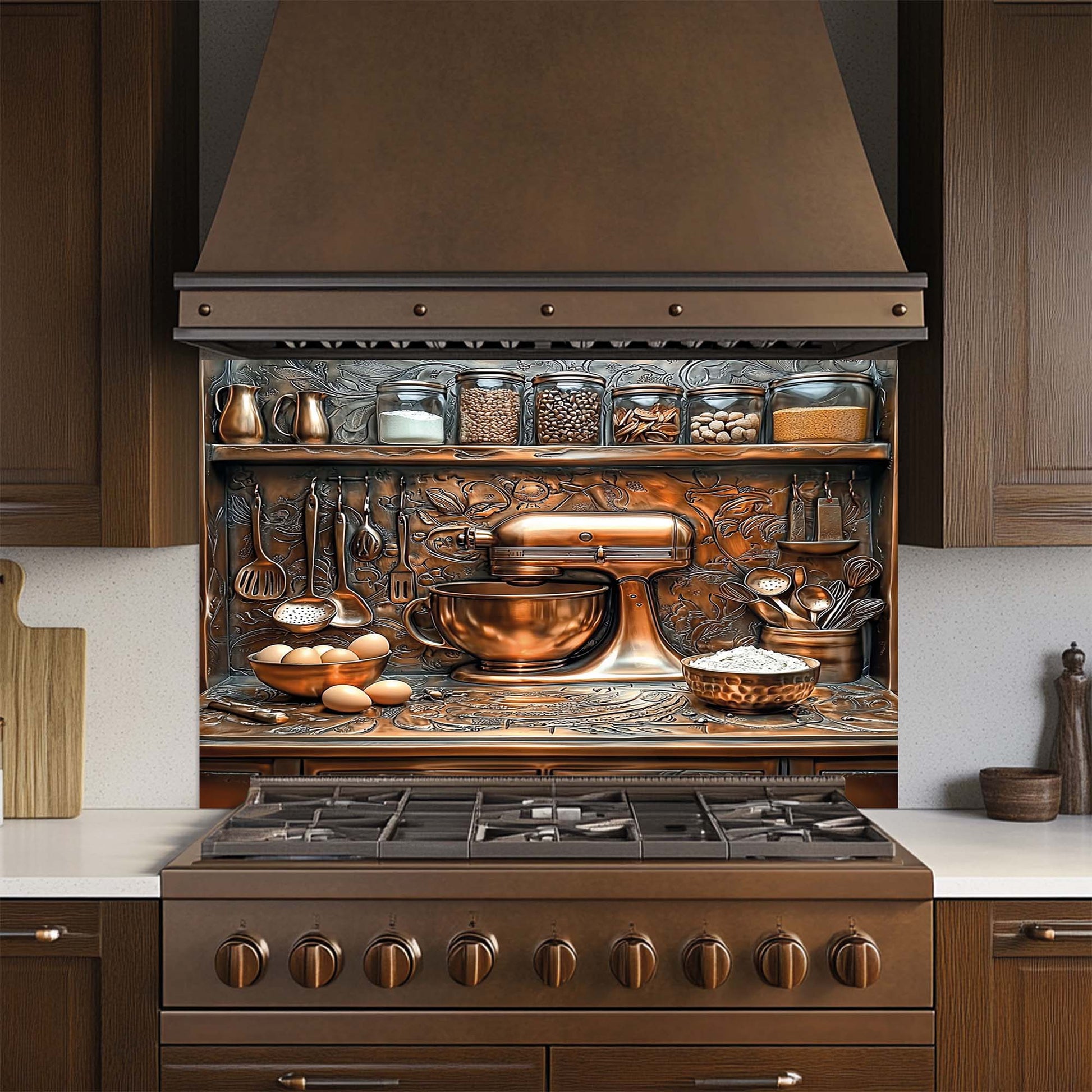 Stylish kitchen with copper stove and decorative glass backsplash