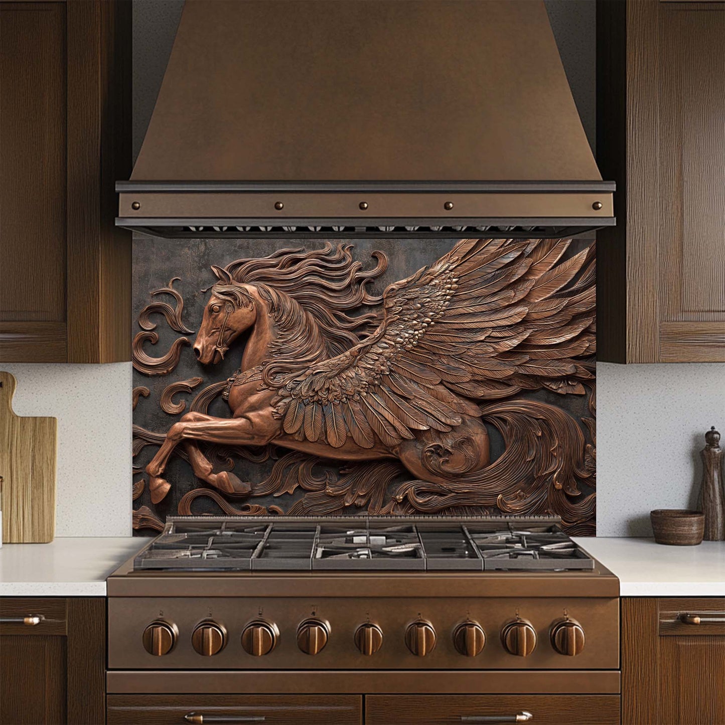 Decorative copper look glass backsplash  with a winged horse design above a stove in a kitchen.