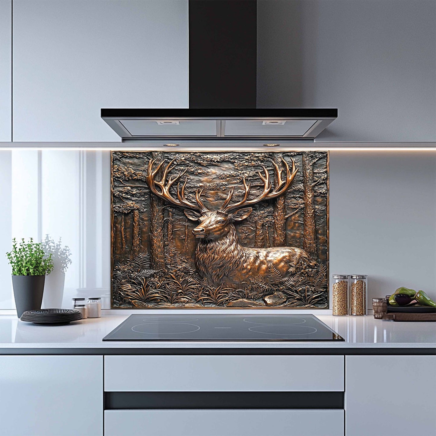 Decorative glass splashback with deer design in a modern kitchen.