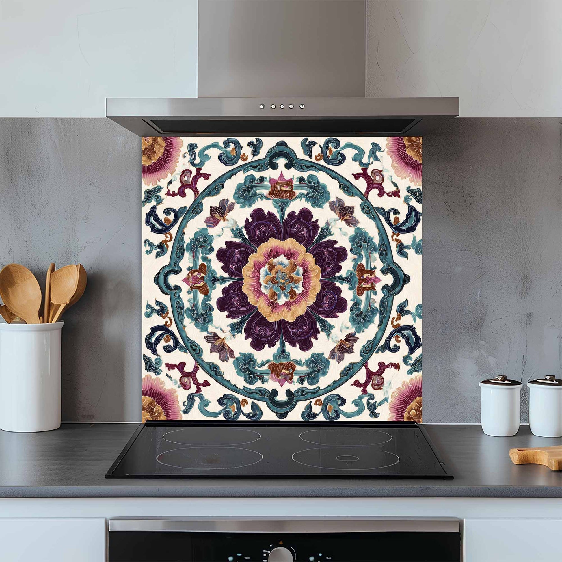Decorative kitchen backsplash with a floral pattern above a stove.