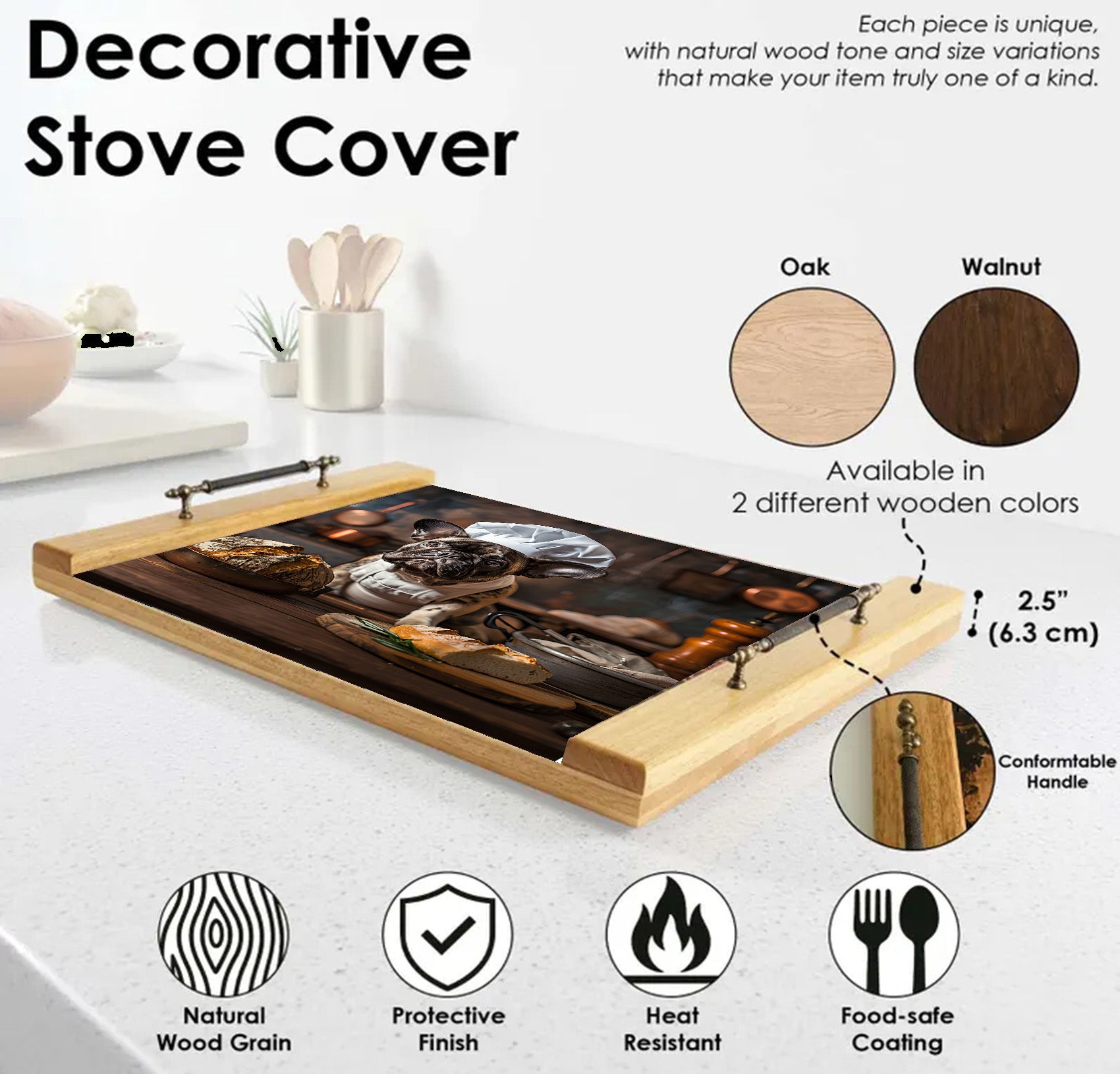 Decorative stove cover with wooden frame and black surface, showing material and feature details.