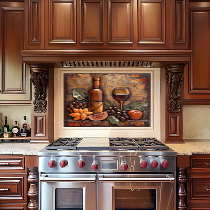 Stainless steel oven with decorative backsplash above it in a kitchen setting.