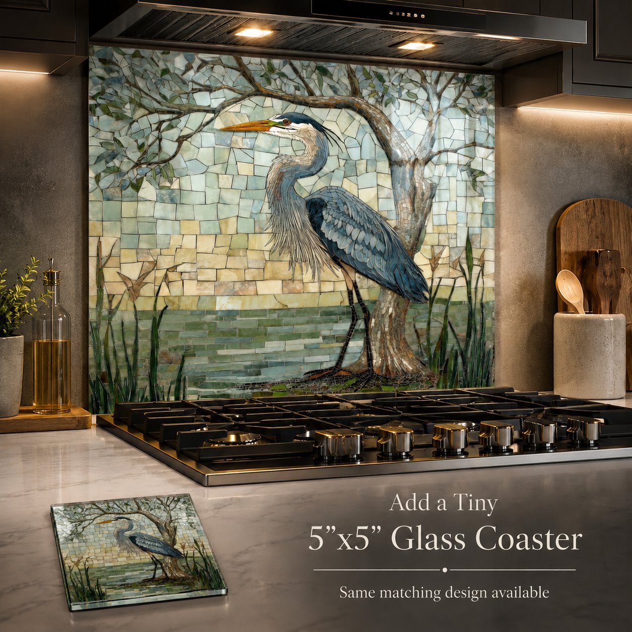 Before and after kitchen backsplash transformation - Great Blue Heron Mosaic Glass Backsplash with matching Tiny 5x5 glass coaster