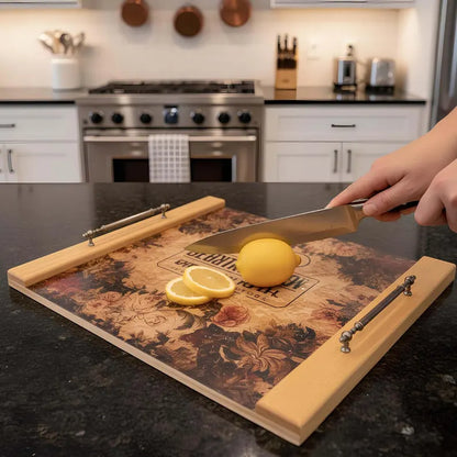 Person slicing lemons on a decorative cutting board in a kitchen.