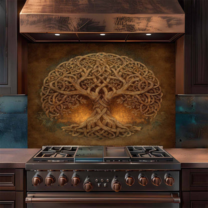 Stainless steel stove with decorative tree backsplash in a kitchen setting