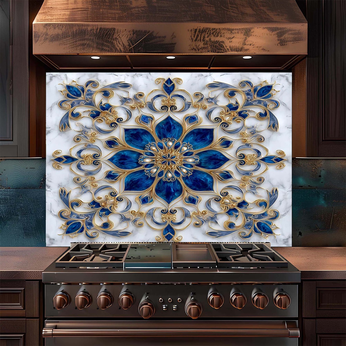 Decorative backsplash with blue and gold floral pattern above a stove in a kitchen.