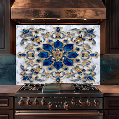 Decorative backsplash with blue and gold floral pattern above a stove in a kitchen.
