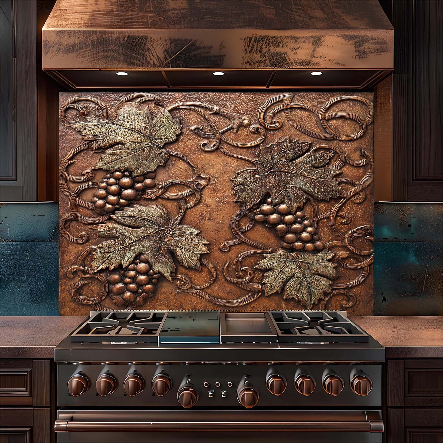 Stainless steel stove with decorative copper look glass backsplash featuring grapes and leaves in a kitchen setting.