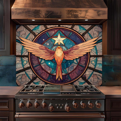 Stainless steel stove with a decorative backsplash featuring a phoenix and star design.
