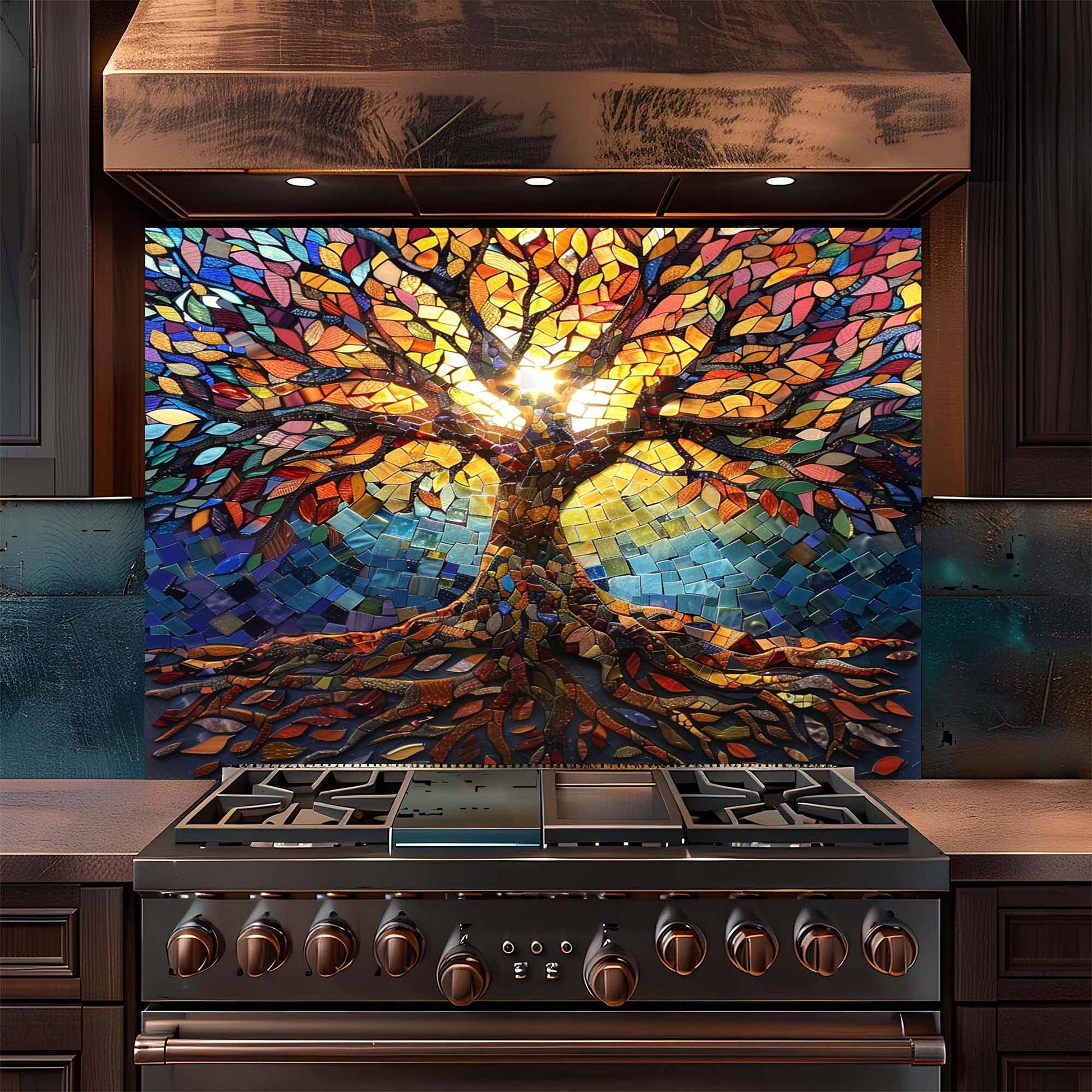 Stainless steel stove with a colorful mosaic backsplash in a kitchen setting